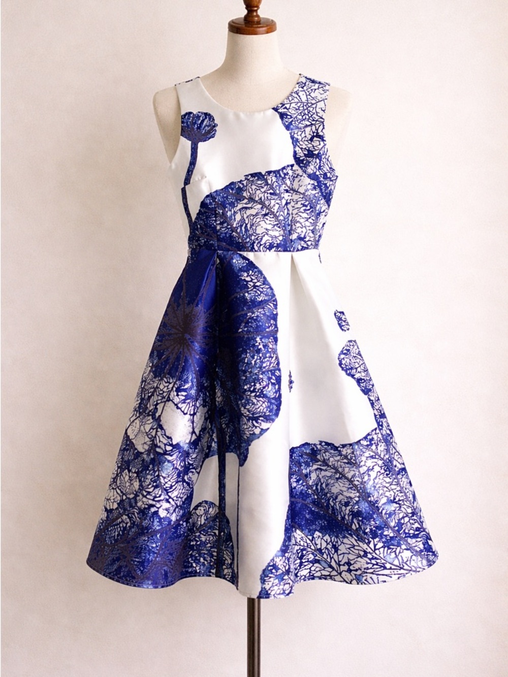 White Midi Dress with Bold Blue Floral Print